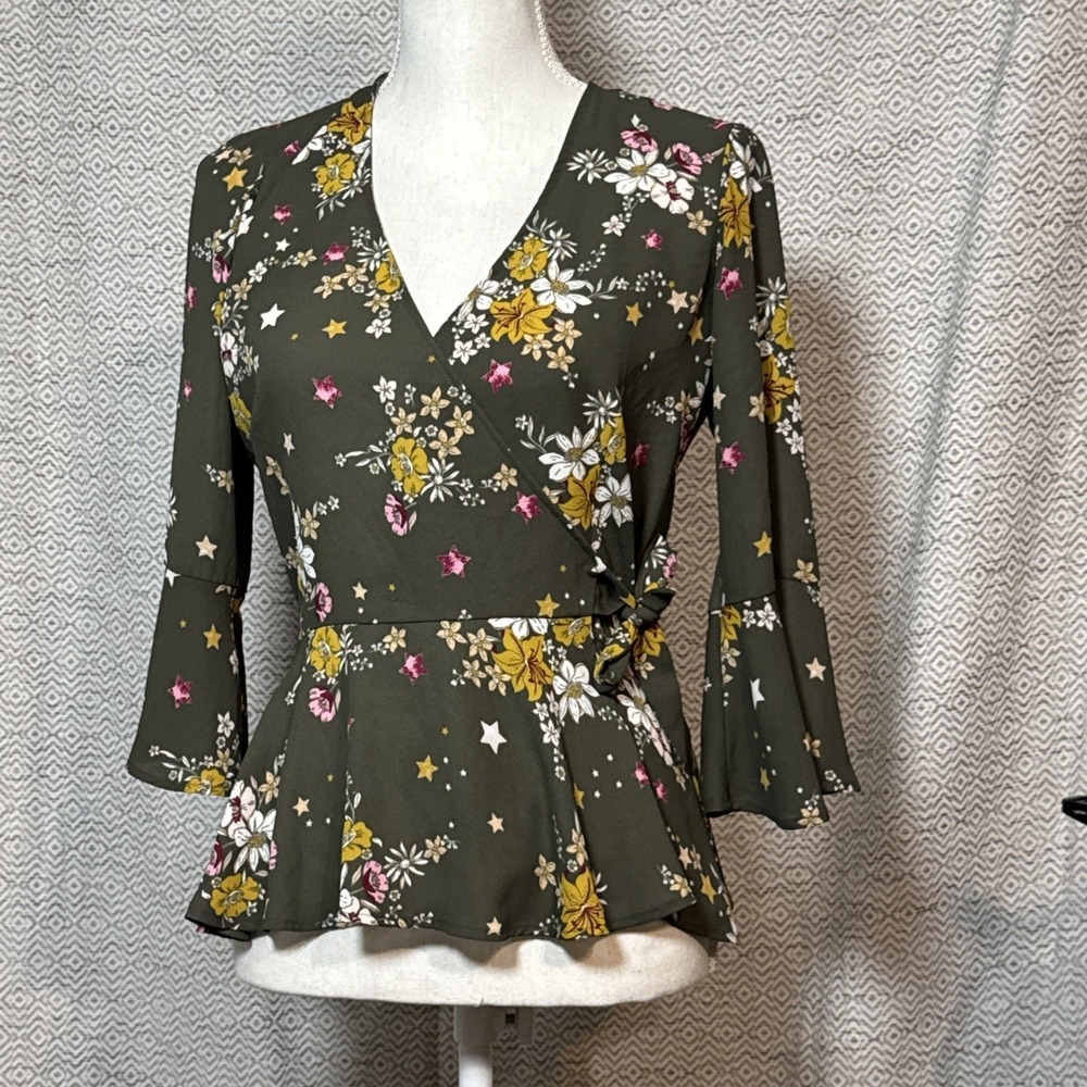 CANDIES floral wrap front tie waist peplum bell sleeve semi sheer top blouse M